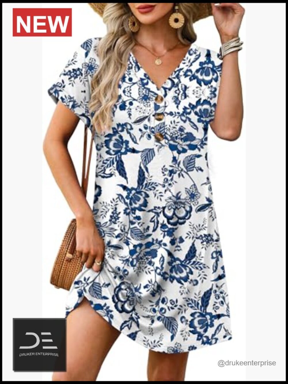 Summer Midi Dress with Sleeves Button Down Beach Vacation Casual Flowy V-Neck - Picture 2 of 6